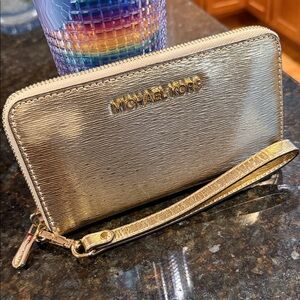 Michael Kors Gold Metallic Zip Phone Wristlet